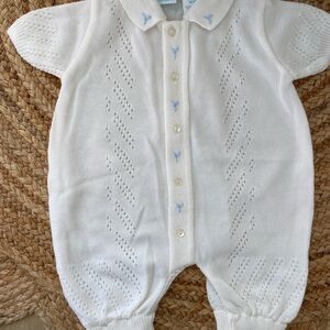 Vintage Bright Future White Light Blue Knit Collared embroidered Romper